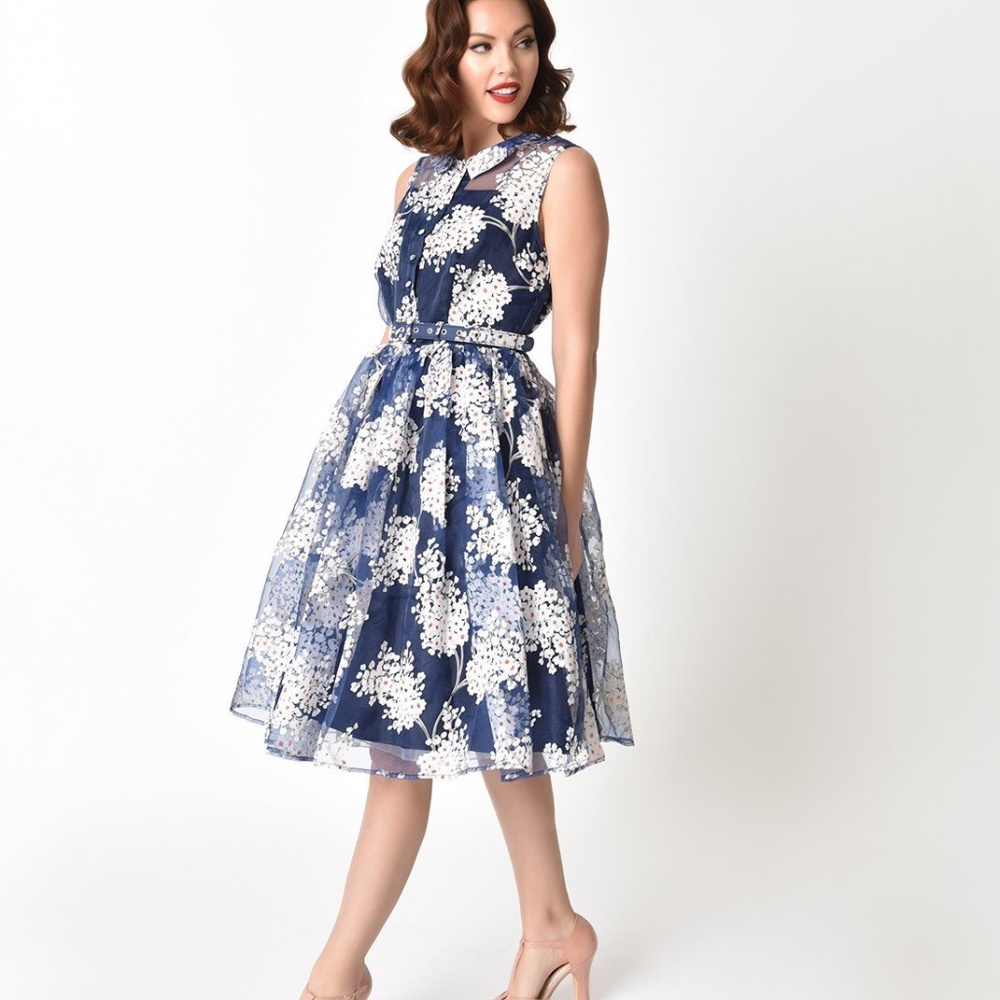 Unique Vintage Plus Size 1950s Style Blue & White Floral Organza Swing D